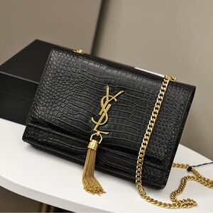Yves Saint Laurent Black Croc Crossbody with Gold Accents